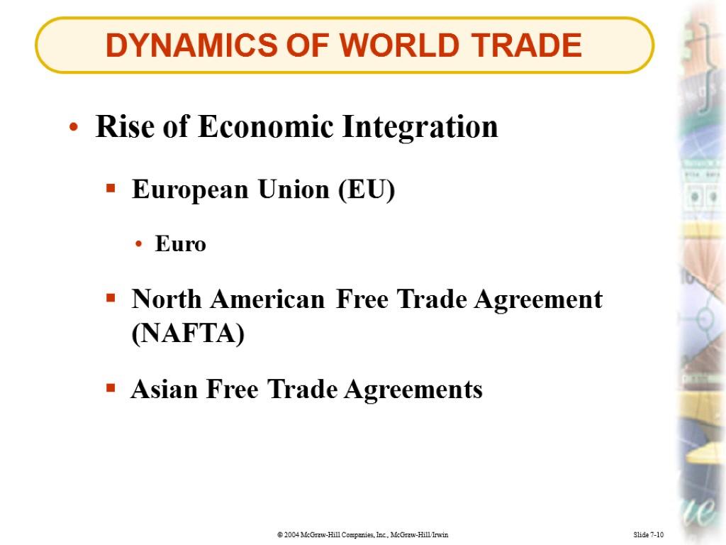 DYNAMICS OF WORLD TRADE Slide 7-10 Rise of Economic Integration European Union (EU) North